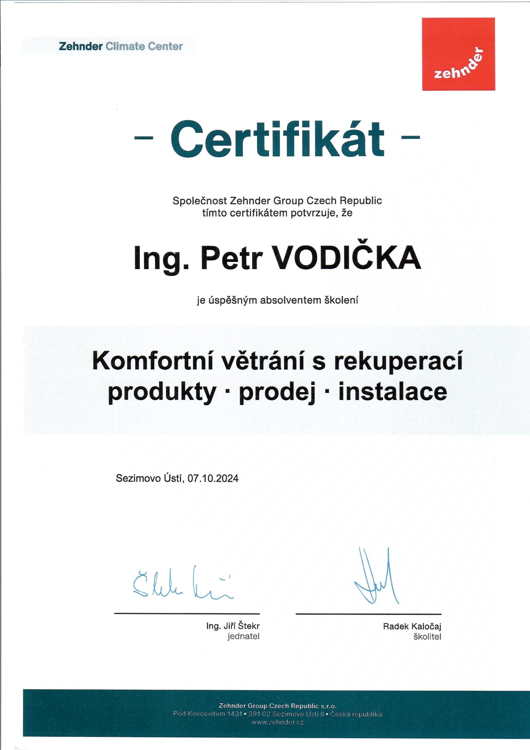 Certifikát rekuperace 1